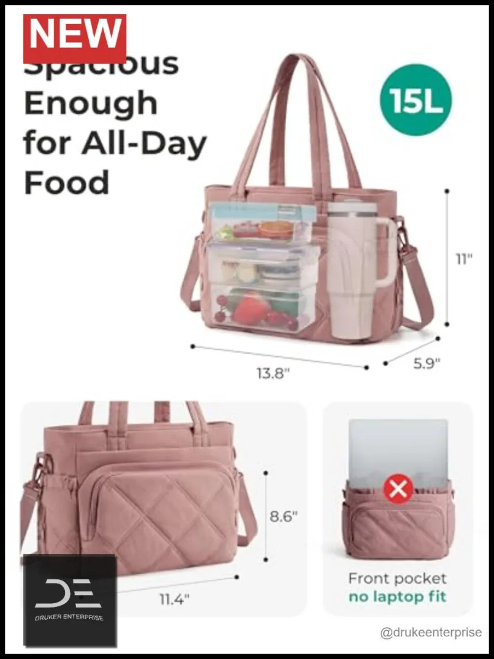 Large Insulated Lunch Tote Bag with Multi-Pockets Quilted Puffy for Work